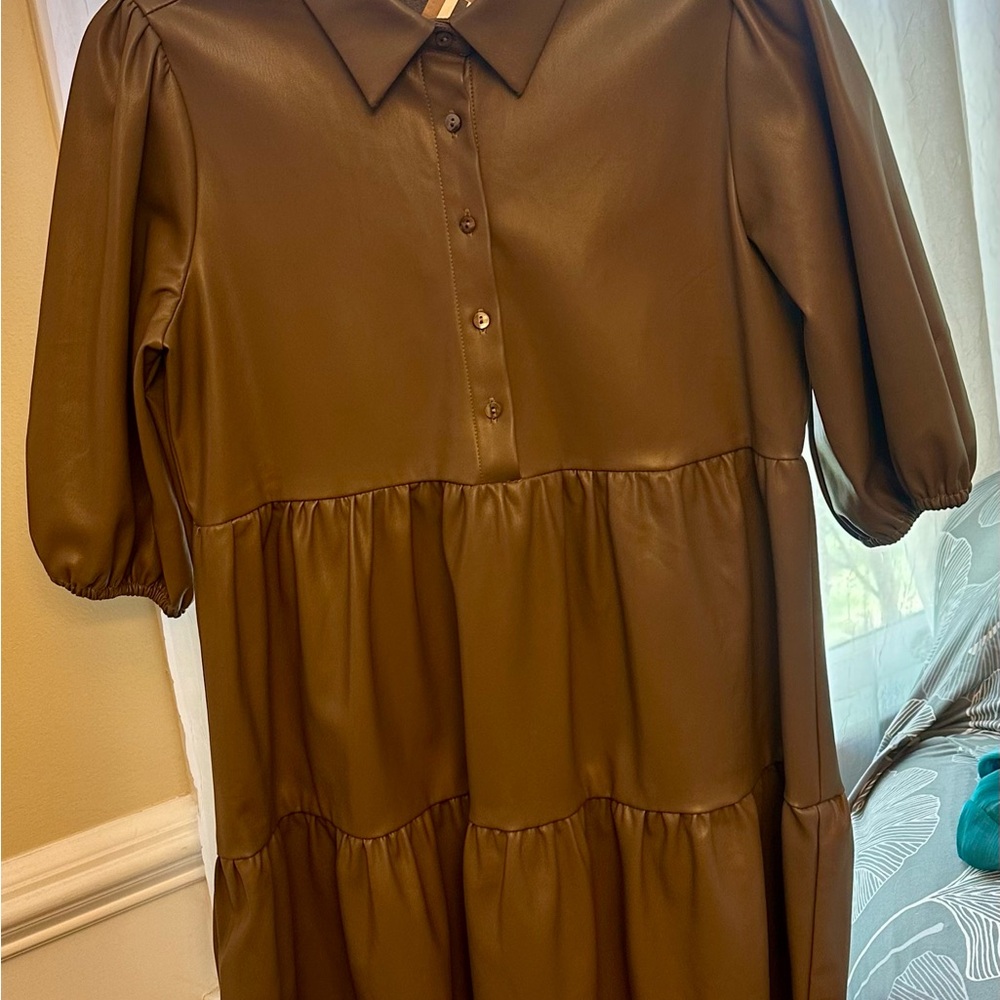 Brown Button-Up Leather Dress